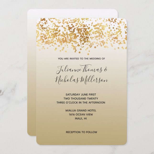 Gold Glitzy Confetti Ombre Wedding Einladung (Vorne/Hinten)