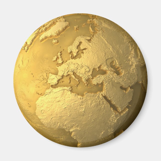 Gold Globe - Metall Erde. Europa, 3d Render Magnet (Vorne)
