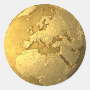 Gold Globe - Metall Erde. Europa, 3d Render Runder Aufkleber