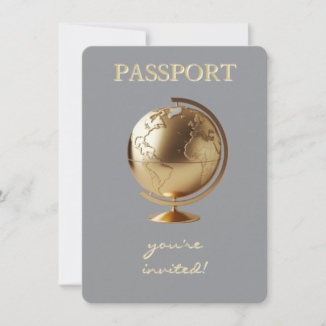 Gold Globe Passport Travel Baby Shower Einladung (Vorderseite)