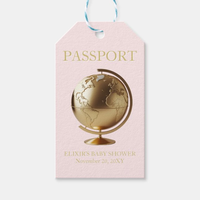Gold Globe Passport Travel Baby Shower Geschenkanhänger (Vorderseite)
