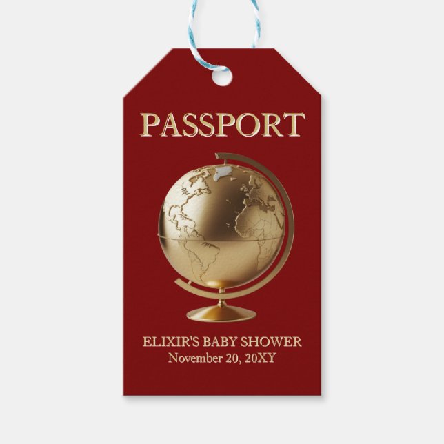 Gold Globe Passport Travel Baby Shower Geschenkanhänger (Vorderseite)