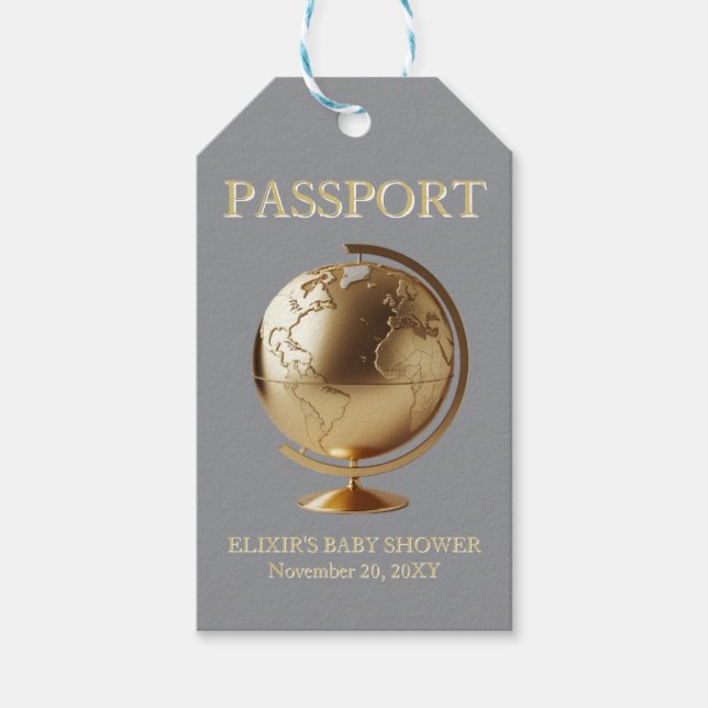 Gold Globe Passport Travel Baby Shower Geschenkanhänger (Vorderseite)