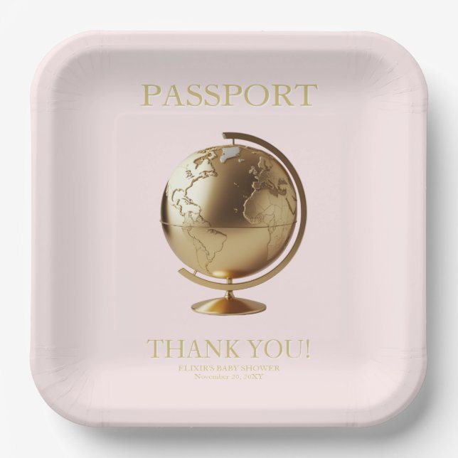 Gold Globe Passport Travel Baby Shower Pappteller (Vorderseite)