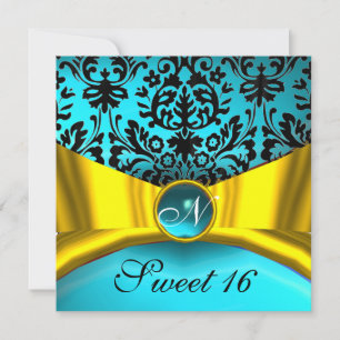 GOLD GOLD RIBBON AQUAMARIN BLUE BLACK DAMASK MONOG EINLADUNG