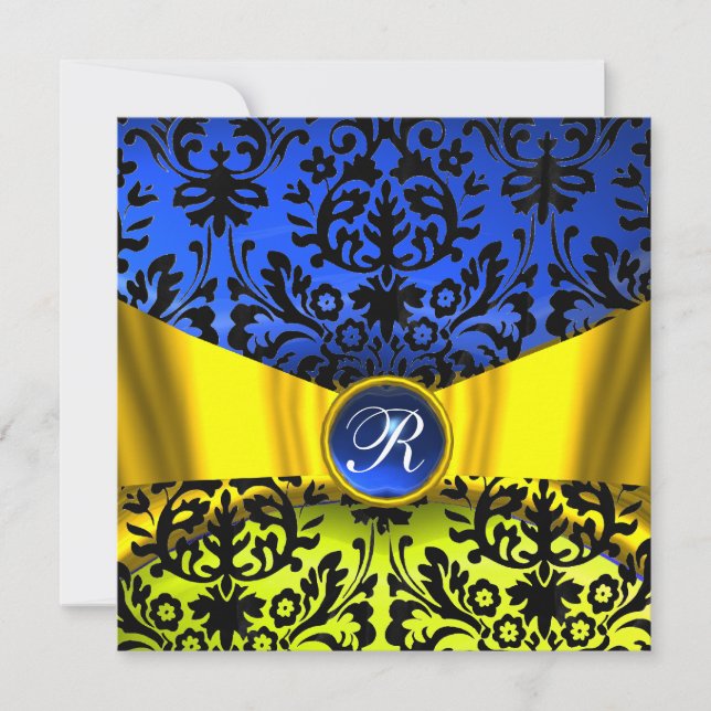 GOLD GOLD RIBBON BLUE BLACK DAMASK MONOGRAMM EINLADUNG (Vorderseite)