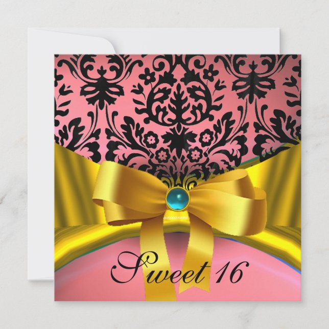 GOLD GOLD RIBBON PINK BLACK DAMASK EINLADUNG (Vorderseite)