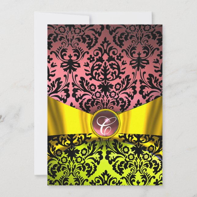 GOLD GOLD RIBBON PINK BLACK DAMASK MONOGRAMM EINLADUNG (Vorderseite)
