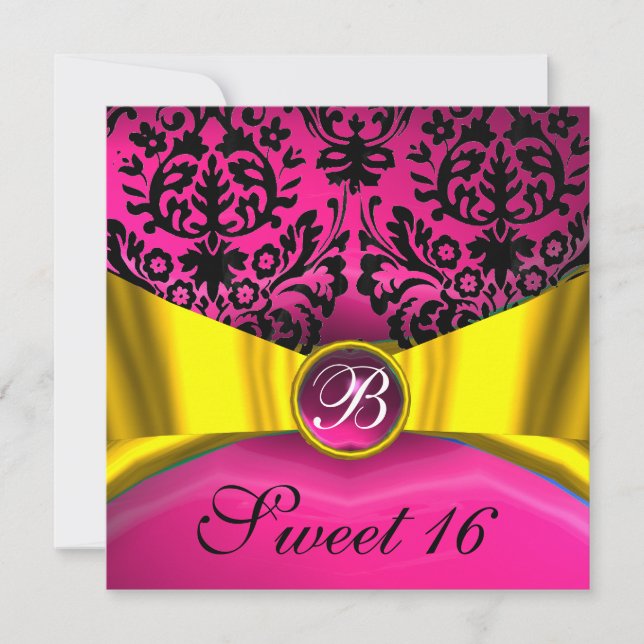 GOLD GOLD RIBBON PINK BLACK DAMASK MONOGRAMM EINLADUNG (Vorderseite)