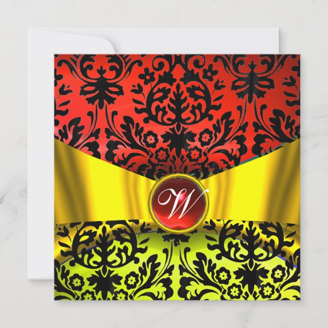 GOLD GOLD RIBBON RED BLACK DAMASK MONOGRAMM EINLADUNG (Vorderseite)