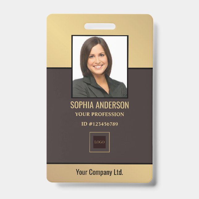 Gold Golden Custom Employee Foto, Bar Code, Logo  Ausweis (Vorderseite)