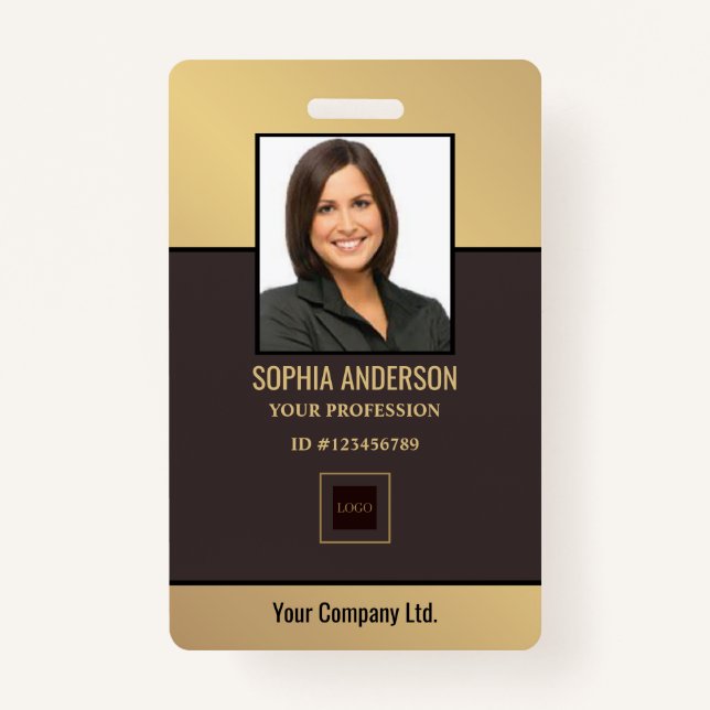 Gold Golden Custom Employee Foto, Bar Code, Logo  Ausweis (Vorderseite)
