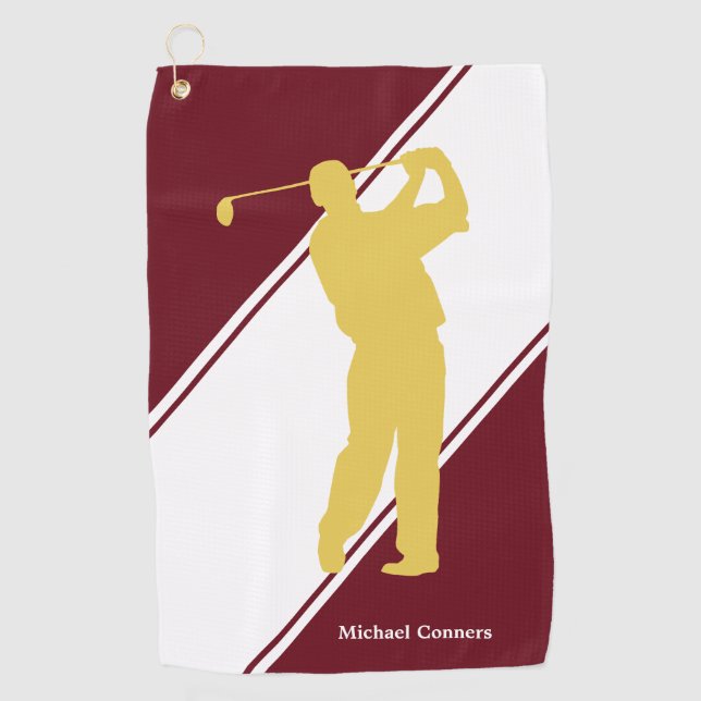 Gold Golfer auf Maroon White Golf Handtuch (Vorderseite)