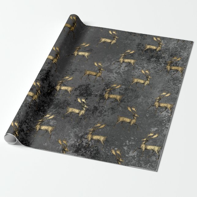 Gold Gothic Grunge Weihnachts Rentier Muster Geschenkpapier (Ungerollt)