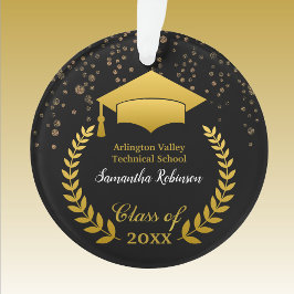 Gold Grad Cap and Laurel on Black Graduation Ornament