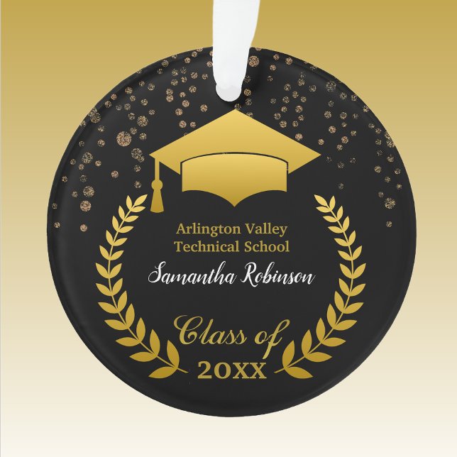 Gold Grad Cap and Laurel on Black Graduation Ornament (Von Creator hochgeladen)