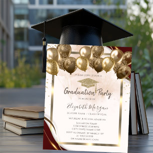 Gold Grad Cap Balloons Burgundy Border Abschluss Einladung