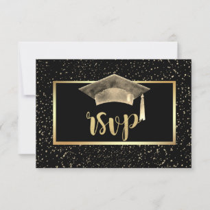 Gold Grad Cap, Confetti Graduation Party RSVP Karte