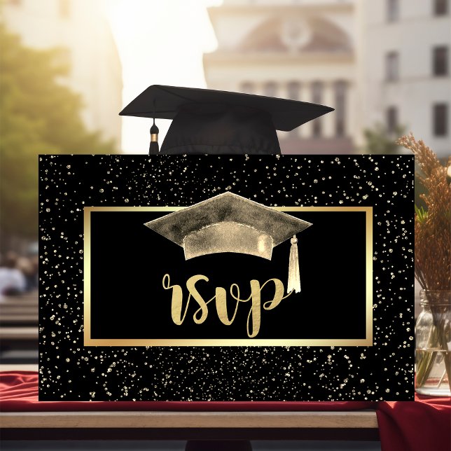 Gold Grad Cap, Confetti Graduation Party RSVP Karte (Von Creator hochgeladen)