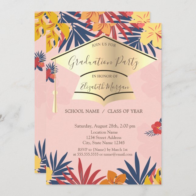 Gold Grad Cap, Palm Blätter Blume Abschluss Einladung (Vorne/Hinten)