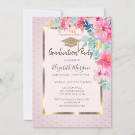 Gold Grad Cap Wasserfarben Blume Dots Abschluss Einladung