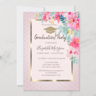 Gold Grad Cap Wasserfarben Blume Dots Abschluss Einladung