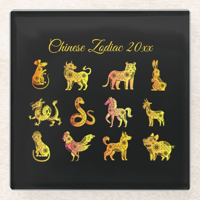 Gold Gradient Chinese Zodiac Animal Black Glasuntersetzer (Vorderseite)
