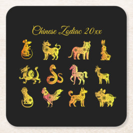 Gold Gradient Chinese Zodiac Animal Black Rechteckiger Pappuntersetzer