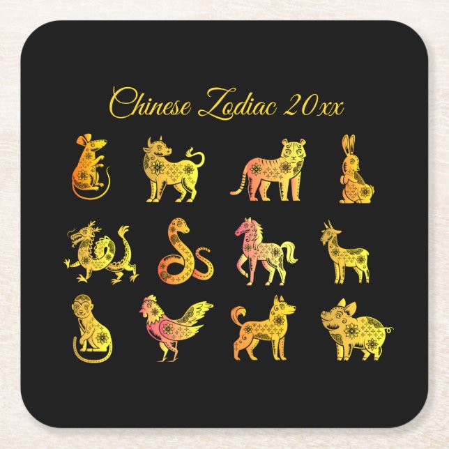 Gold Gradient Chinese Zodiac Animal Black Rechteckiger Pappuntersetzer (Vorderseite)