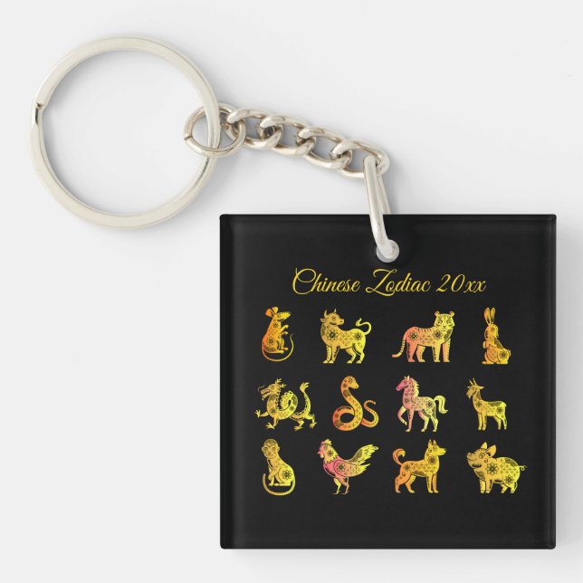Gold Gradient Chinese Zodiac Animal Black Schlüsselanhänger (Vorderseite)