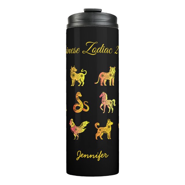 Gold Gradient Chinese Zodiac Animal Black Thermosbecher (Vorderseite)