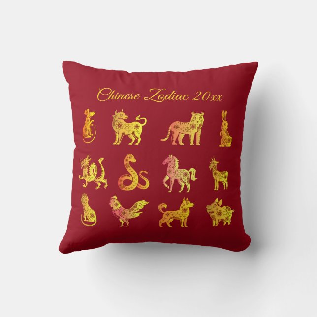 Gold Gradient Chinese Zodiac Animal Red Kissen (Rückseite)