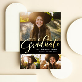 Gold Graduate 3 Foto schwarzer Abschluss Folieneinladung