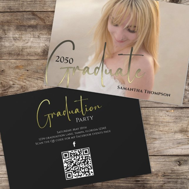 Gold Graduate Black Foto QR Code Social Media Einladung (Von Creator hochgeladen)