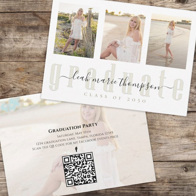 Gold Graduate Calligraphy QR Code Social Media Einladung (Graduation graduate typography multi-photo invitation. )