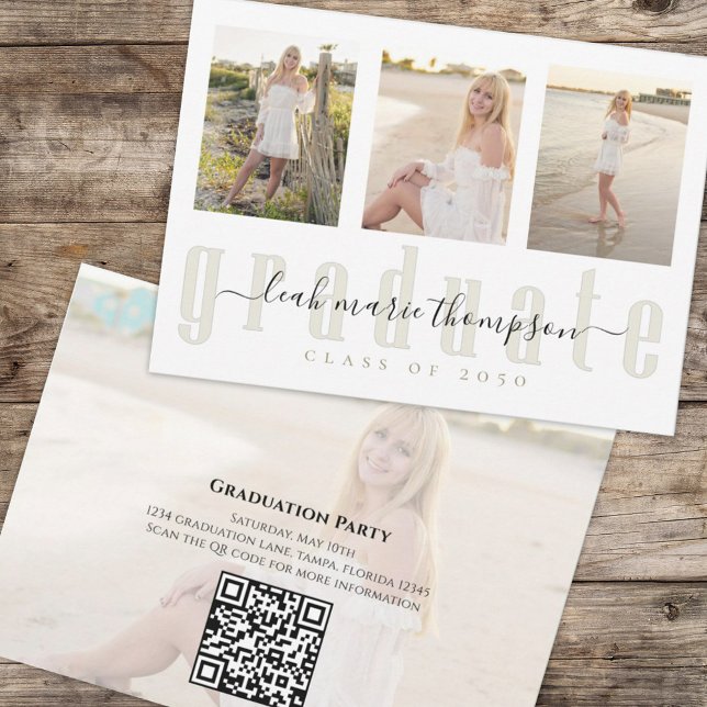 Gold Graduate Calligraphy Script Simple QR Code Einladung (Graduation multi-photo invitation template with a scannable QR Code. )