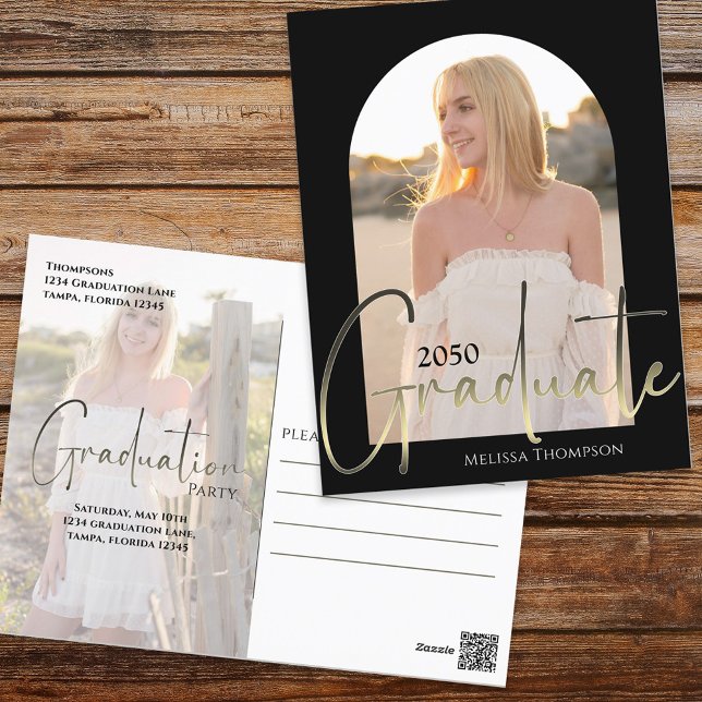 Gold Graduate Script Black Arch Zwei Foto Vellum Postkarte (Von Creator hochgeladen)