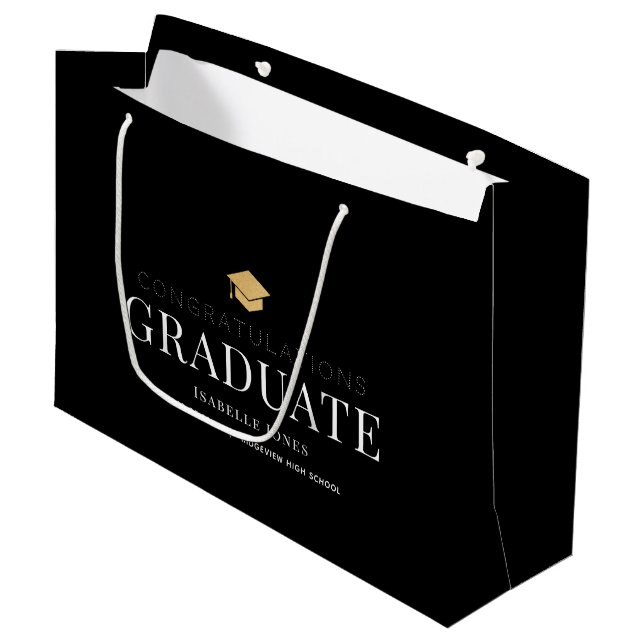 Gold Graduation Cap Black Abschluss Große Geschenktüte (Vorderseite Schrägansicht)