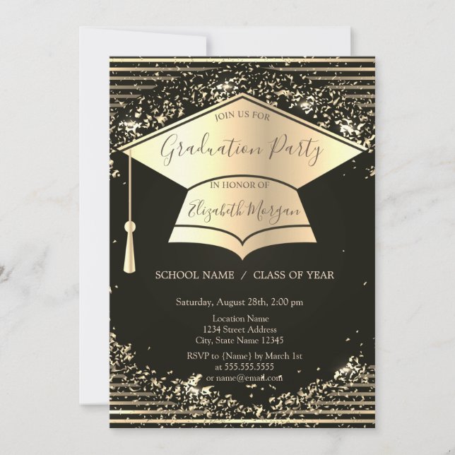 Gold Graduation Cap, Confetti Stripes Abschluss Einladung (Vorderseite)