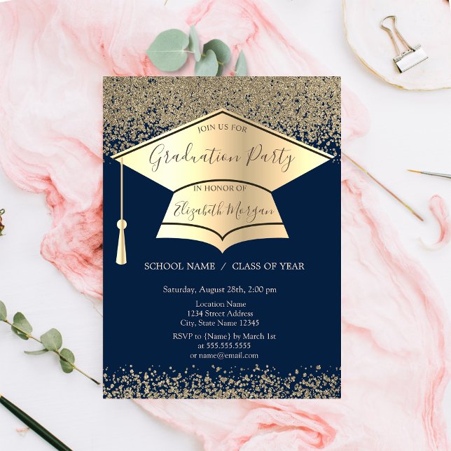 Gold Graduation Cap,Diamonds Navy Blue Abschluss Einladung (Von Creator hochgeladen)