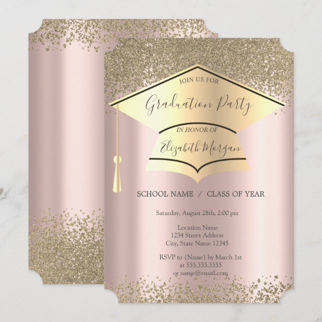 Gold Graduation Cap,Diamonds Rose Gold Abschluss Einladung (Vorne/Hinten)