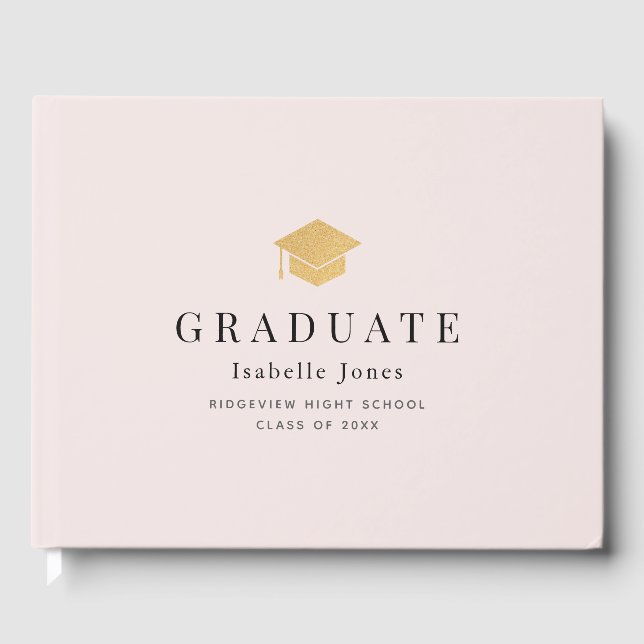 Gold Graduation Cap Minimalistisch Pink Abschluss Gästebuch (Vorderseite)