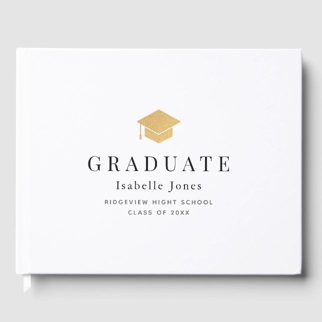 Gold Graduation Cap Minimalistisch White Abschluss Gästebuch (Vorderseite)