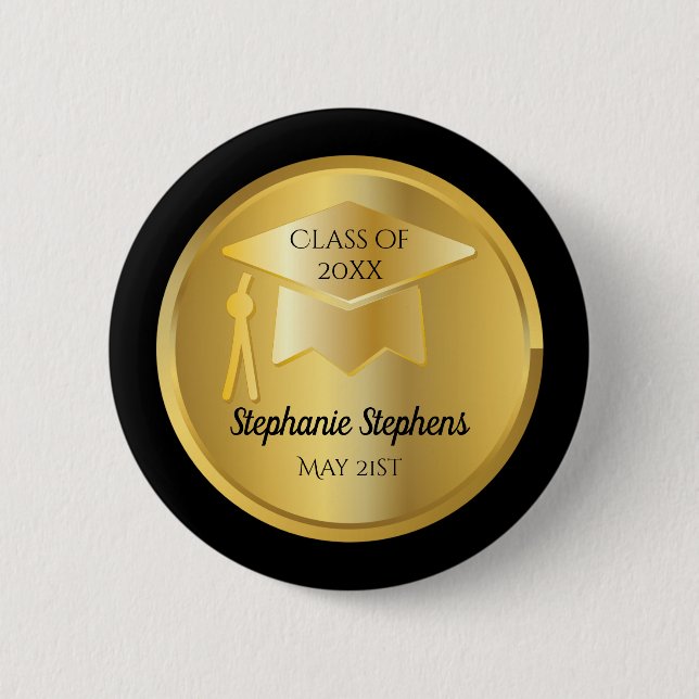 Gold Graduation Cap on Gold Gradient | Schwarz Button (Vorderseite)