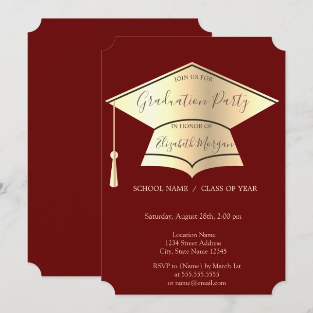 Gold Graduation Cap, Red Abschluss Einladung (Vorne/Hinten)