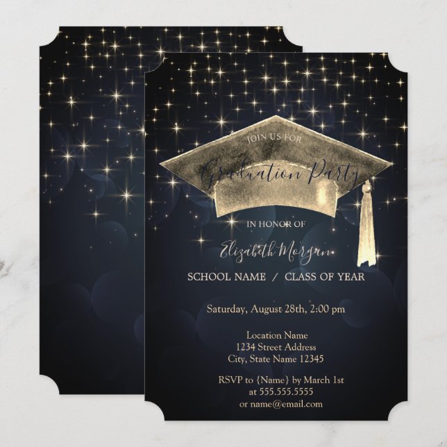 Gold Graduation Cap,Stars Abschluss Einladung (Vorne/Hinten)