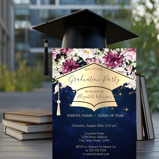 Gold Graduation Cap,Stars,Blume Blue Abschluss Einladung (Von Creator hochgeladen)