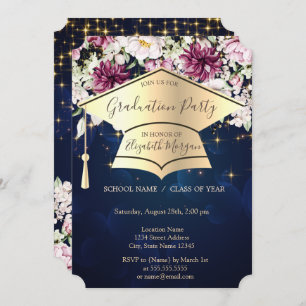 Gold Graduation Cap,Stars,Blume Blue Abschluss Einladung