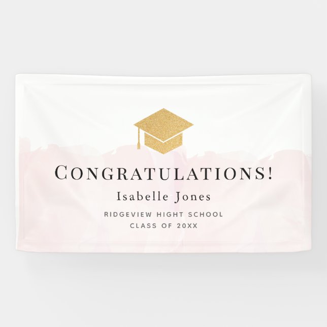 Gold Graduation Cap Watercolor Pink Abschluss Banner (Horizontal)