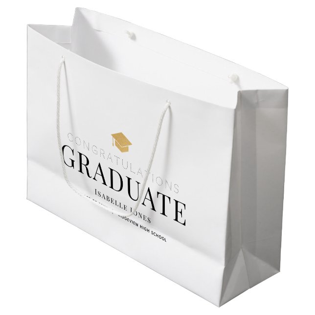Gold Graduation Cap White Abschluss Große Geschenktüte (Vorderseite Schrägansicht)